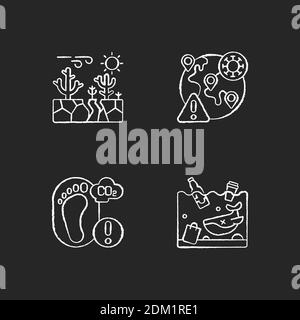 Global warming chalk white icons set on black background Stock Vector
