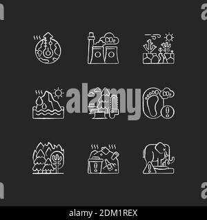 Global warming chalk white icons set on black background Stock Vector