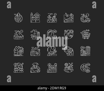 Global warming chalk white icons set on black background Stock Vector