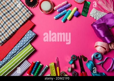 Assortment of tools for dressmaking and sewing hobby Stock Photo