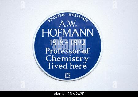 London, UK. Commemorative plaque at 9 Fitzroy Square: 'A. W. Hofmann 1818-1892 Professor of Chemistry lived here' Stock Photo