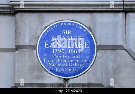 London, UK. Commemorative plaque at 7 Fitzroy Square: 'Sir Charles Eastlake 1793-1865 painter and first director of the National Gallery lived here' Stock Photo