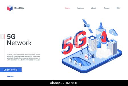 Creative modern concept landing page, design with cartoon 3d tech global network of high speed innovation telecommunication in smart city. Isometric 5G telecom network technology vector illustration Stock Vector