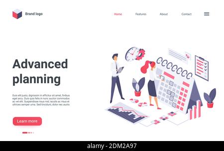 Advanced planning landing page vector template. Management website interface idea with flat illustrations. Work optimization homepage layout. Teamwork web banner, webpage isometric cartoon concept Stock Vector