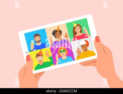 New Year celebration together with friends video call. Young people drink champagne and congratulate each other using online video conference app. Han Stock Vector