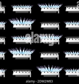 Seamless pattern of four gas stove kitchen burner off low mid and high level of gas flat vector illustration on dark background. Stock Vector