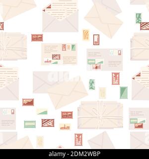 Seamless pattern big set of postal stamps with postage envelope and paper packages flat vector illustration on white background. Stock Vector