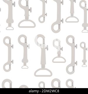 Seamless pattern set of metal climbing carabiners and claw clasps alpine climbing equipment flat vector illustration on white background. Stock Vector
