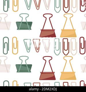 Seamless pattern paper metal clip set with different color office supply collection flat vector illustration on white background. Stock Vector