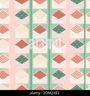 Seamless pattern postage envelope flat vector illustration on colored background. Stock Vector