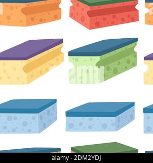 Seamless pattern of foam rubber sponge to wash dishes colored washcloth with soft and hard coating flat vector illustration on white background. Stock Vector