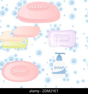 Seamless pattern of colored bar soap solid and liquid soap with bubbles flat vector illustration on white background. Stock Vector
