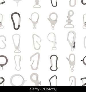 Seamless pattern big set of metal climbing carabiners and claw clasps alpine climbing equipment flat vector illustration on white background. Stock Vector