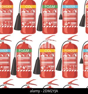 Seamless pattern of different fire extinguisher with safe labels simple tips how to use flat vector illustration on white background. Stock Vector