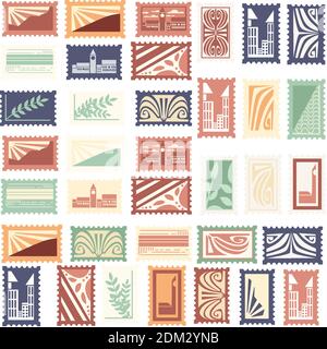 Seamless pattern of postal stamps retro vintage style pictures travel labels and badges flat vector illustration on white background. Stock Vector