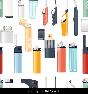 Seamless pattern of metal and plastic lighter for kitchen or cigarette gas lighter smoker accessory flat vector illustration on white background. Stock Vector
