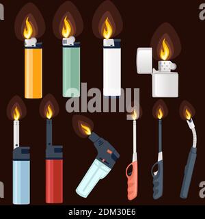 Seamless pattern of metal and plastic lighter for kitchen or cigarette gas lighter smoker accessory flat vector illustration on brown background Stock Vector