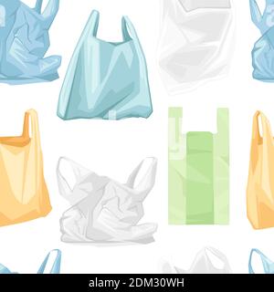 Seamless pattern of colored used plastic bags flat vector illustration on white background Stock Vector