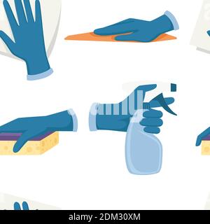 Seamless pattern of hand in gloves use cleaning tools spray bottle foam rubber sponge and washcloth flat vector illustration on white background Stock Vector