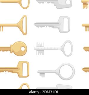 Seamless pattern of golden and silver keys for closing and opening door chest and others flat vector illustration on white background Stock Vector