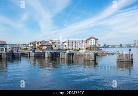 Entrance to Penarth Marina, part of the Cardiff Bay Development on the west side of the River Ely in South Wales. Penarth is in the Vale of Glamorgan. Stock Photo