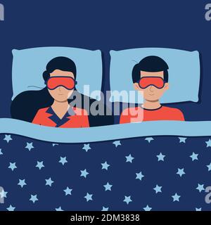 Sleep couple in bed with sleeping mask. Stock Vector