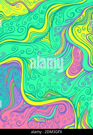 Rainbow Colorful Psychedelic curly waves pattern. Fantastic art with decorative texture. Stock Vector
