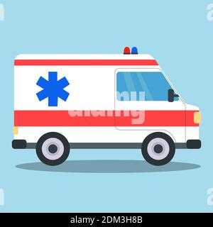 Ambulance van side view with blue and red siren light, object isolated on blue. Stock Vector