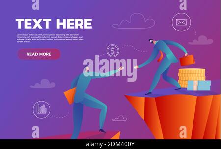 Helping business friend - Businessman supporting fellow employee by pulling him to the top. Helping hand, support and assist concept. Vector Stock Vector