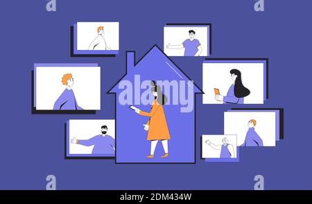 Video call conference. Online meeting collegues. Digital communication. Female manager talking with her team from home. Remote teamwork. Vector color Stock Vector