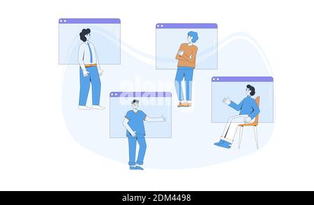 Video call conference. Friends or family online meeting. Digital communication. People talking to each other on computer screen. Vector color line art Stock Vector