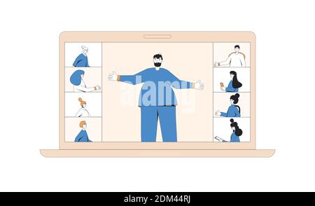 Video call conference. Online meeting. Digital communication. People talking to each other on laptop screen. Remote teamwork. Vector color line art fl Stock Vector