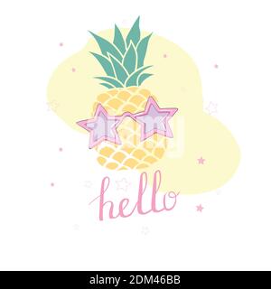 Cute vector background with a pineapple . Hand drawing summer card. Stock Vector