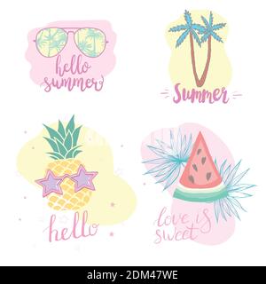 Summer set with hand-drawn tropical elements, inscriptions, watermelon, palm, glasses, pineapple Stock Vector