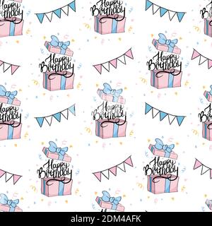 Hand drawn birthday seamless pattern with cupcakes, balloons, gift boxes etc in black and white Stock Vector