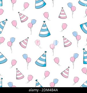 Hand drawn birthday seamless pattern with cupcakes, balloons, gift boxes etc in black and white Stock Vector