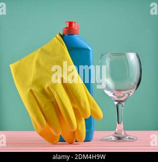 Concept of Dishwashing detergent accessories on kitchen background Stock  Photo - Alamy