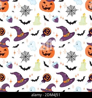 Halloween pattern with orange pumpkins and bats on white Stock Vector