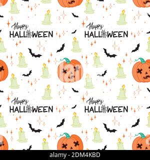 Halloween pattern with orange pumpkins and bats on white Stock Vector