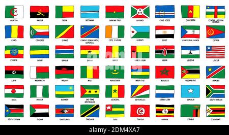 All African Flag Pack hand drawn. Countries icon Collection with Names Vector Sketch Illustration doodle style Stock Vector