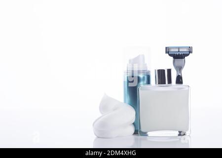 Set of shaving tools for men, with copy space on White background. Stock Photo