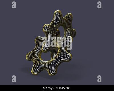 Two 3D gears made of yellow dots on gray background. Stock Vector