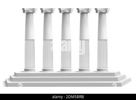 Realistic temple columns. Ancient greek pillars with marble 3d stair podium. Antique columns facade vector illustration Stock Vector