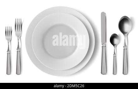 Realistic table cutlery serving. Empty plates with silver cutlery, dinner serving setting. Lunch serving dishes vector illustration Stock Vector
