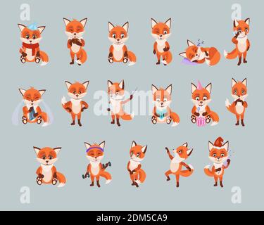 Vector set of funny stickers with red foxes Stock Vector