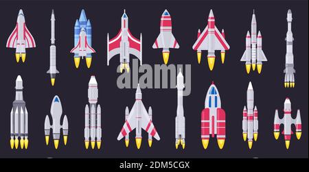 Spaceships vehicles. Space rocket, flying aerospace shuttle, spacecraft ships and ufo ships. Space rocket vehicles vector illustration set Stock Vector
