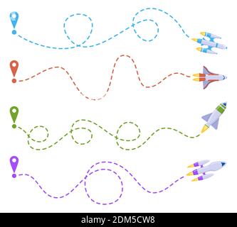 Rocket line route. Space travel dashed line trace, spacecraft ship routes, flying shuttle. Aerospace rockets dotted line route vector illustration Stock Vector