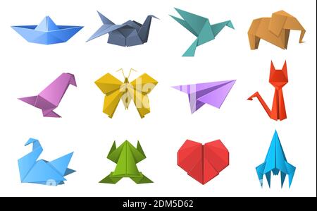 Paper origami shapes. Origami polygonal paper folding, pigeon, animals, plane and ship figures. Oriental origami hobby vector illustration set Stock Vector