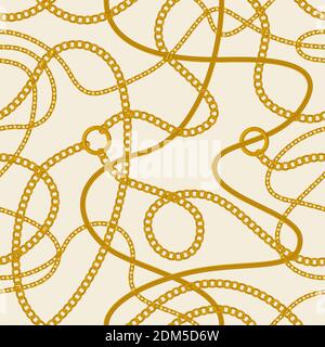 Golden chains pattern. Seamless gold ring, belts, chains and metal accessories backdrop. Chain wrapping or textile vector background illustration Stock Vector
