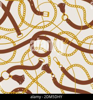 Chains and belts pattern. Leather belts, tassels, gold ring chains and straps backdrop. Belts and golden chains vector background illustration Stock Vector